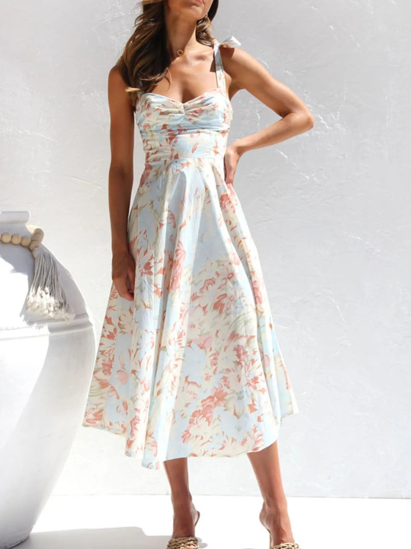Tie-Shoulder Sweetheart Neck Summer Dress OutfitFlow