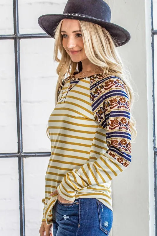And The Why Stripe Ethnic Print Raglan Top OutfitFlow