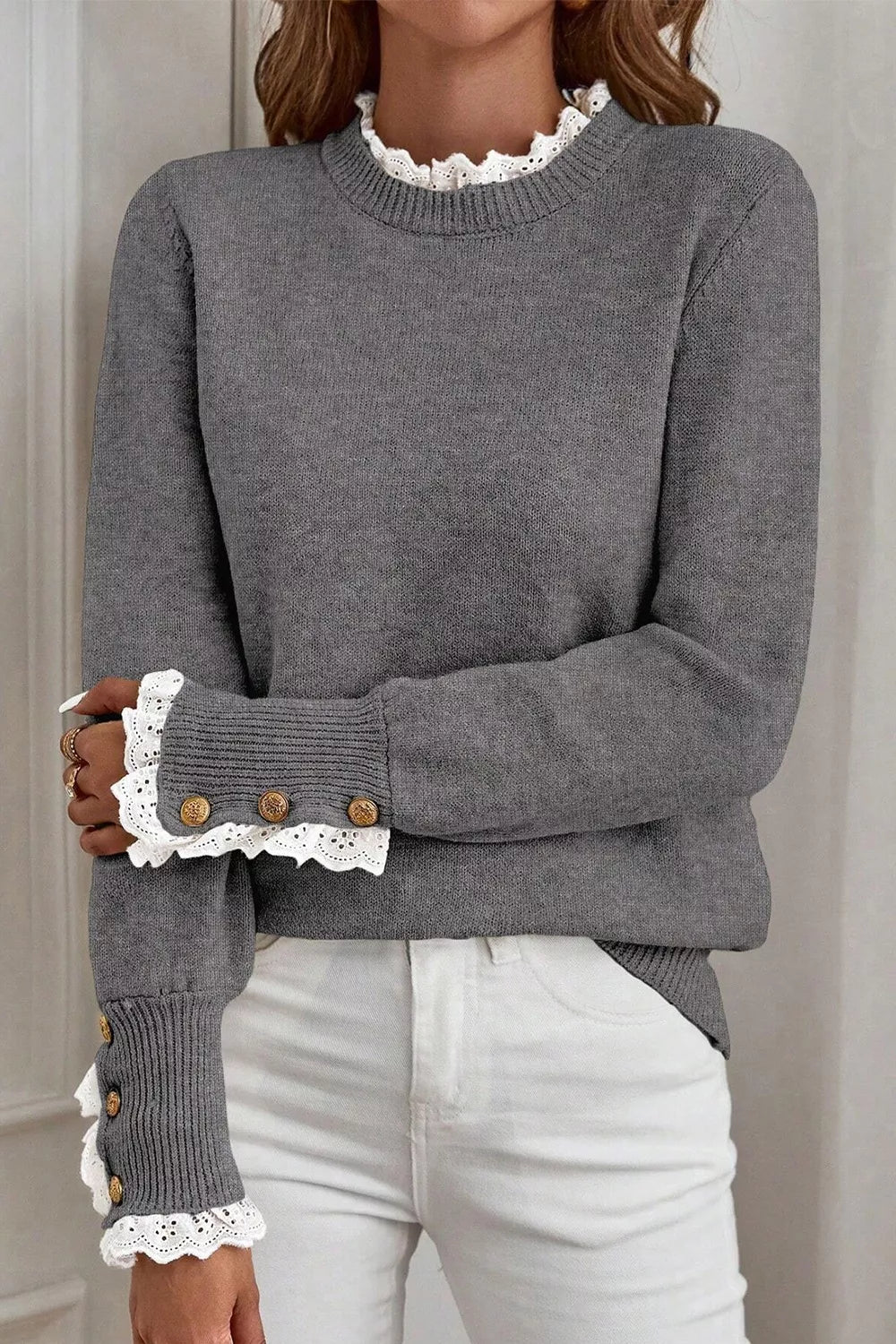 Lace Trim Mock Neck Sweater Dark Gray OutfitFlow