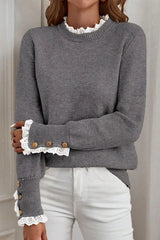 Lace Trim Mock Neck Sweater Dark Gray OutfitFlow