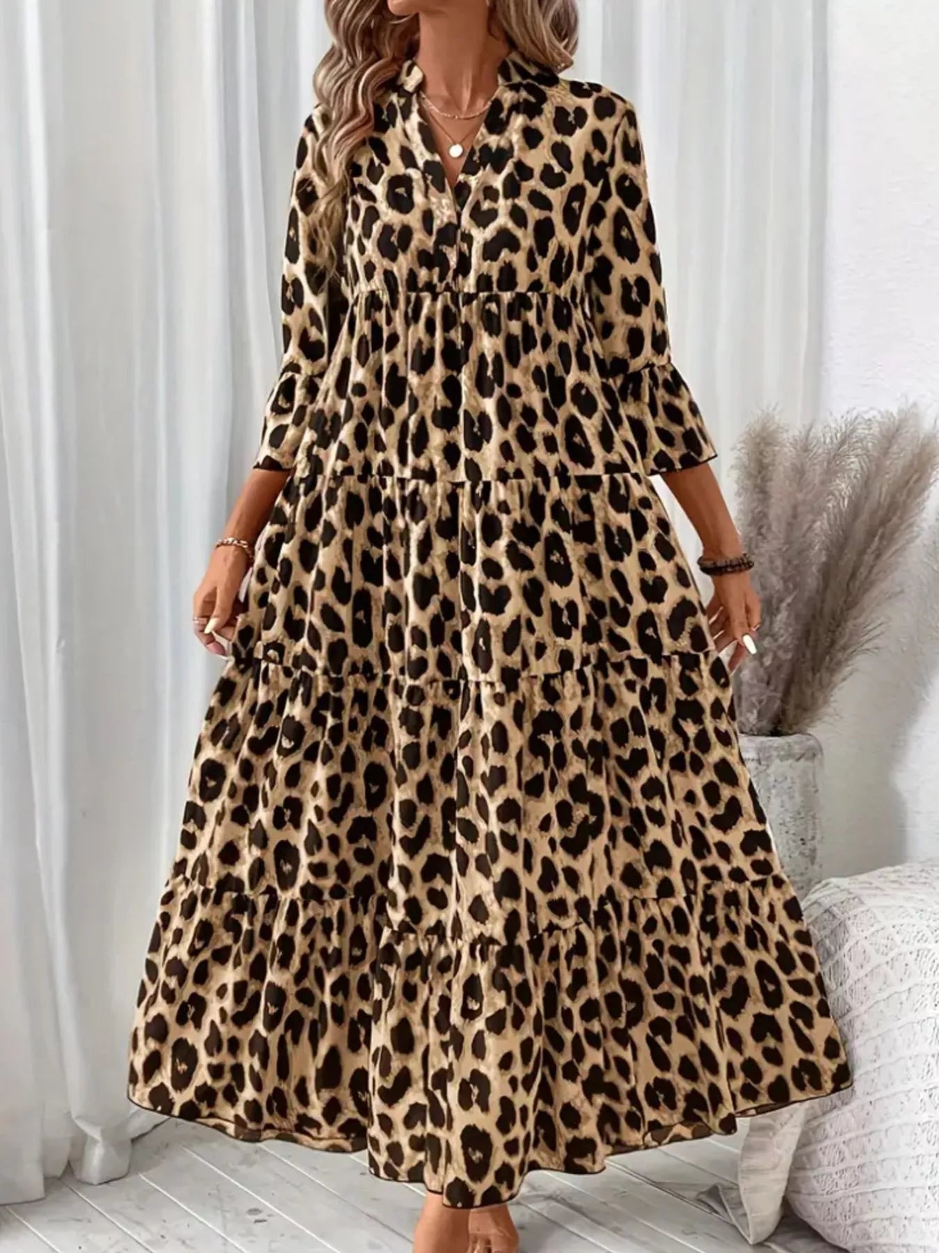 Leopard 3/4 Sleeve Midi Dress OutfitFlow