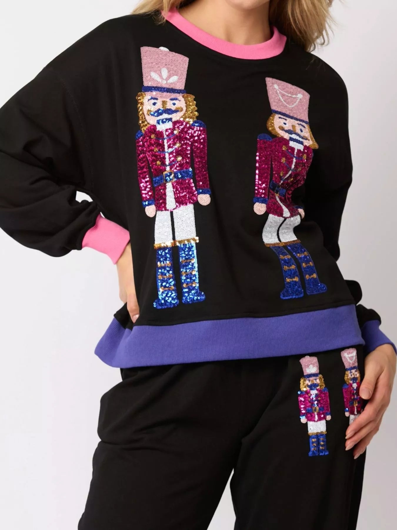Nutcracker Contrast Trim Sweatshirt and Pants Set OutfitFlow