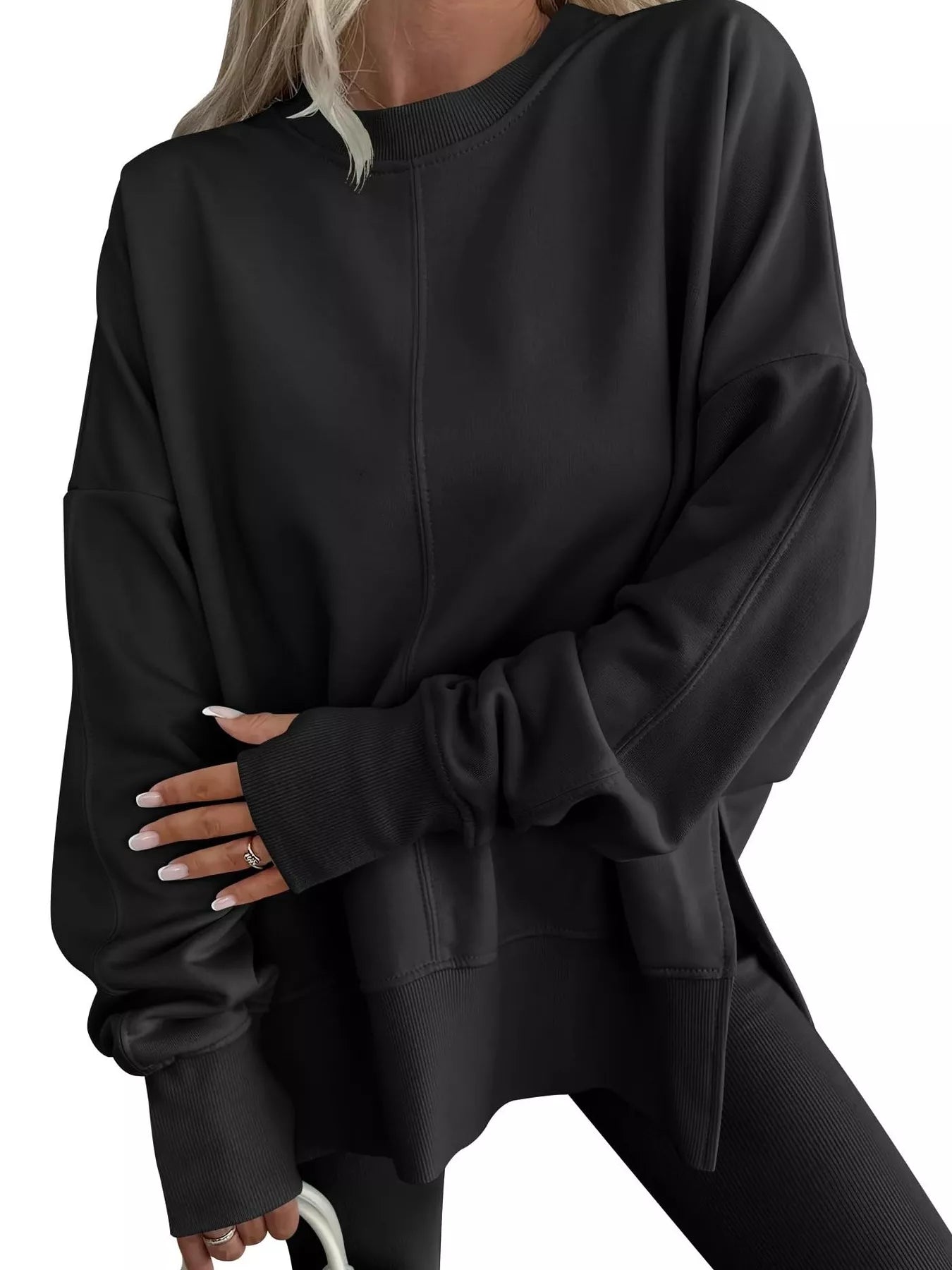Side Slit Round Neck Long Sleeve Sweatshirt Black OutfitFlow