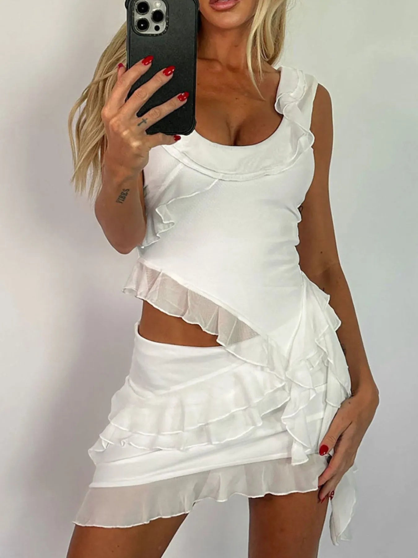 Ruffled Scoop Neck Tank and Skirt Set OutfitFlow