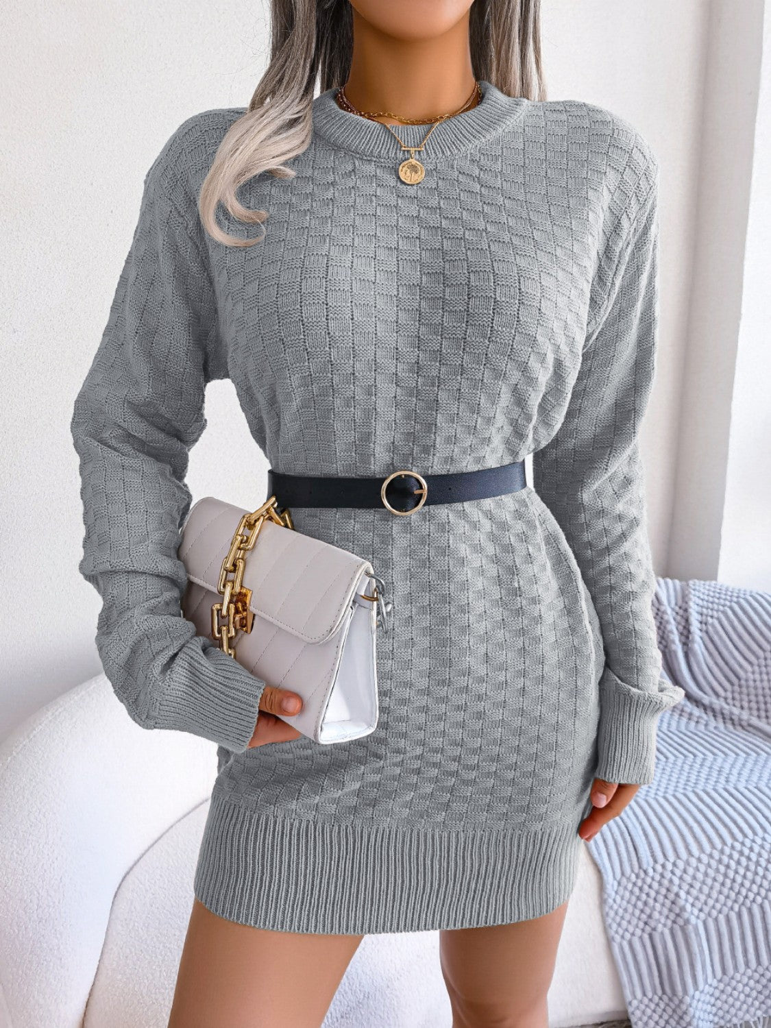 Outfit Flow - Round Neck Long Sleeve Mini Sweater Dress