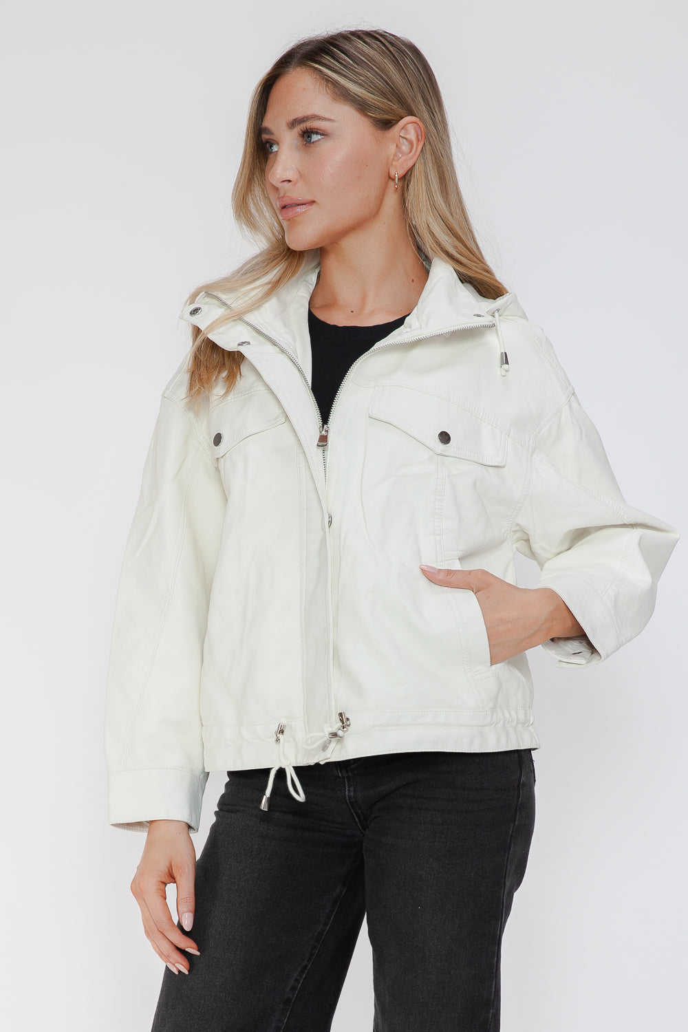 Outfit Flow - How Dare U Drawstring Hem PU Leather Zip Up Jacket