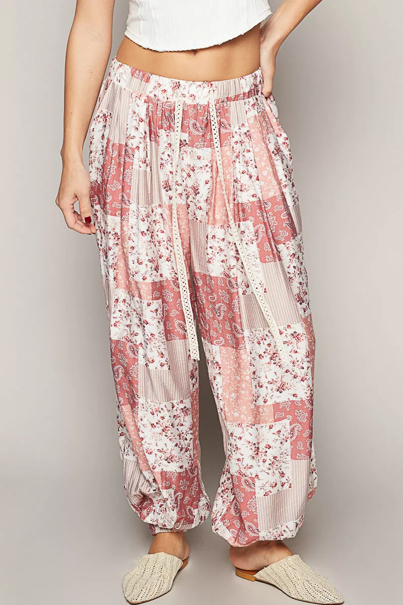 POL Drawstring Floral Patchwork Wide leg Pants ROSE MULTI OutfitFlow