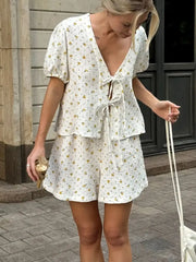 Floral Print Tie-Front Top and Shorts Set OutfitFlow