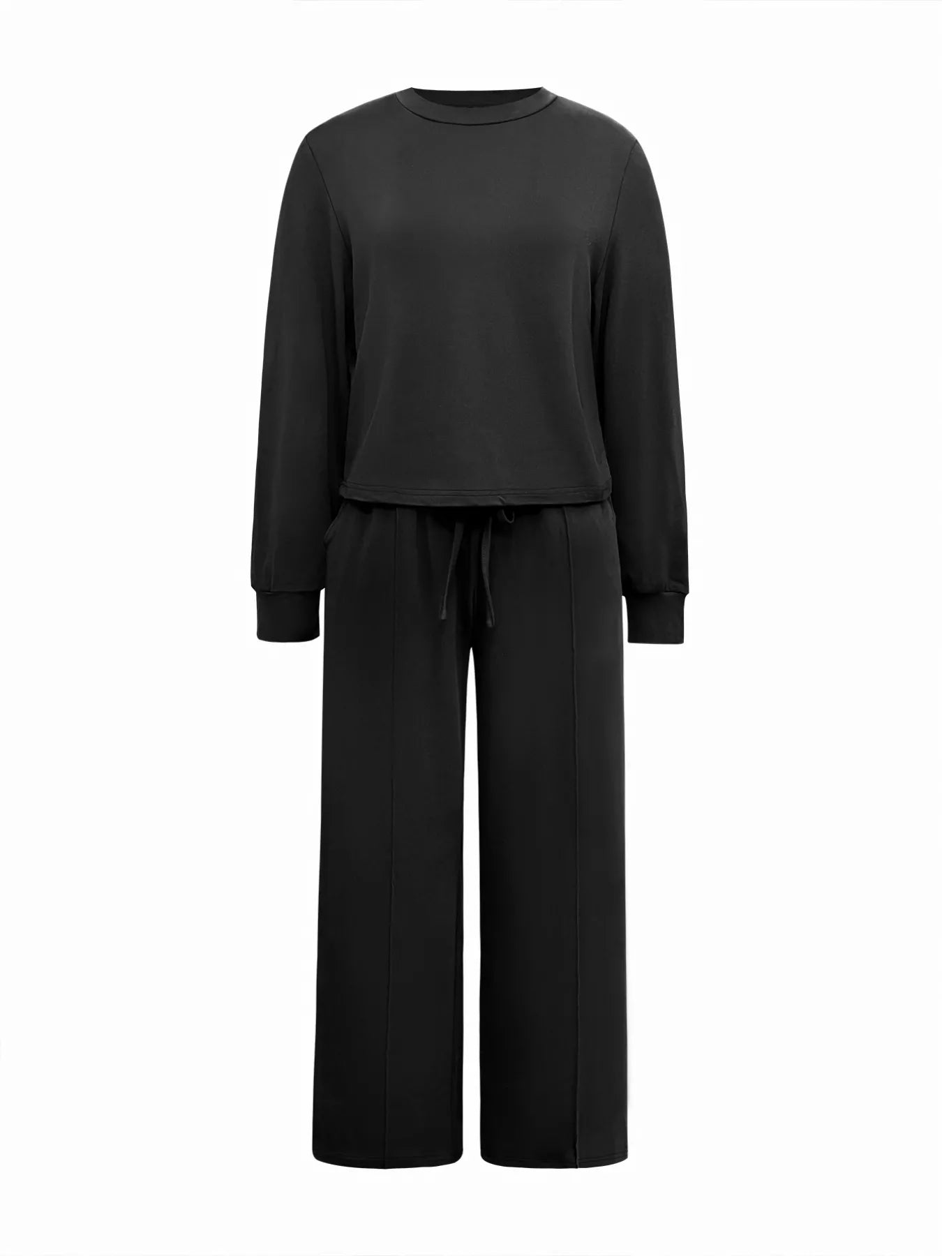 Solid Color Long Sleeve Top & Wide Leg Pants Set OutfitFlow