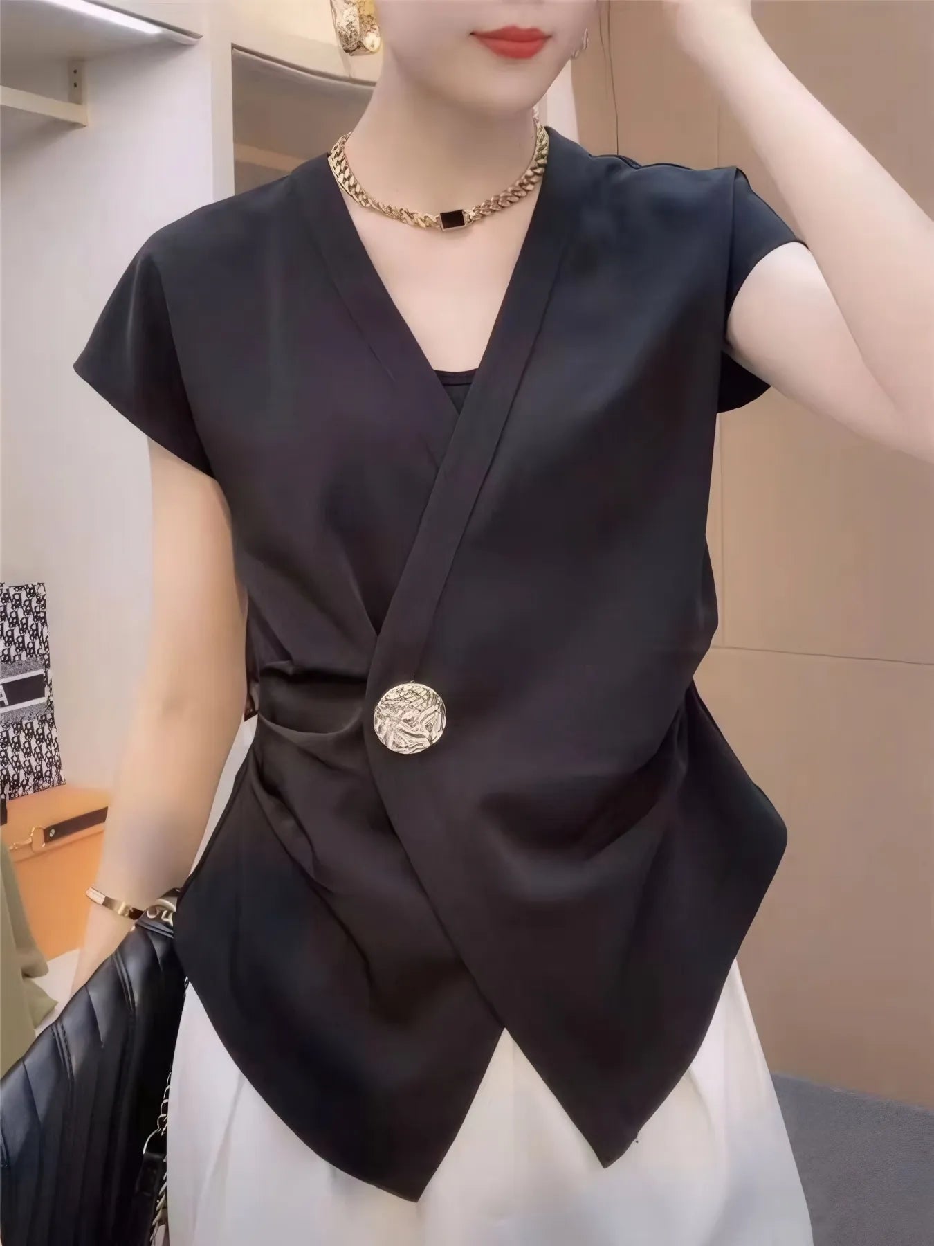 Plus Size Wrap Front Blouse with Decorative Button Detail Black OutfitFlow