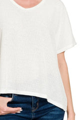 Zenana Ribbed V-Neck Short-Sleeve Knit Top OutfitFlow