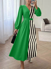 Color Block Striped Long Sleeve Midi Dress OutfitFlow