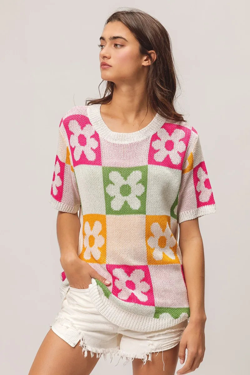 BiBi Flower Checker Pattern Lightweight Sweater Top OutfitFlow
