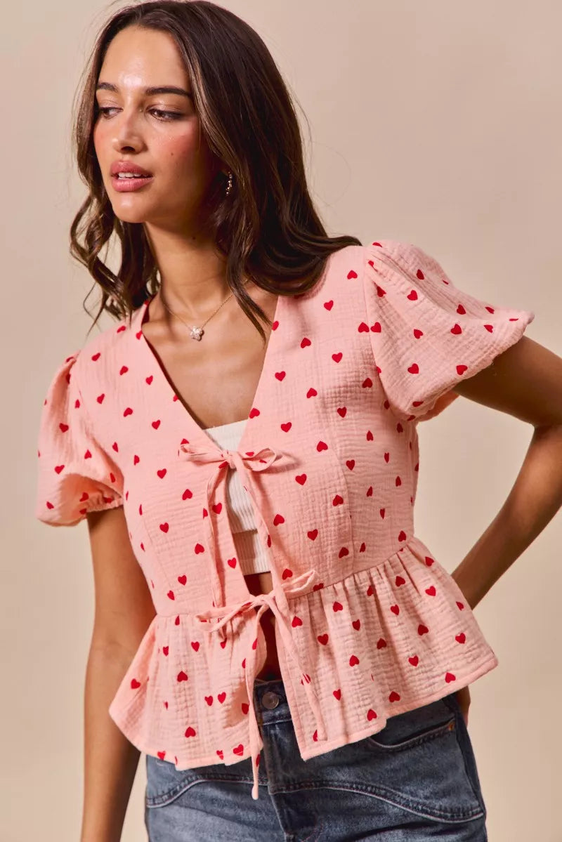 SO ME All Over Heart Ribbon Tie Baby Doll Valentine Blouse OutfitFlow