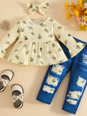 Children's Ladybug Print Ruffle Hem Top & Jeans Set with Headband Light Yellow Trendsi