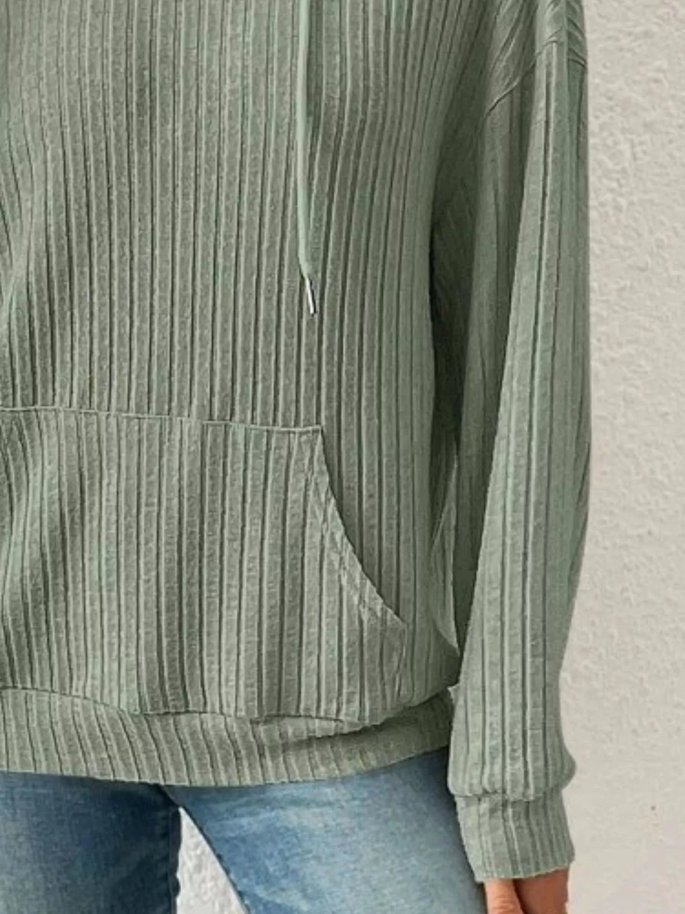 Ribbed Knit Long Sleeve Drawstring Hoodie OutfitFlow