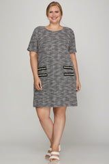 She + Sky Full Size Short Sleeve Pearl Studded Trim Knit Tweed Dress Plus Size OutfitFlow