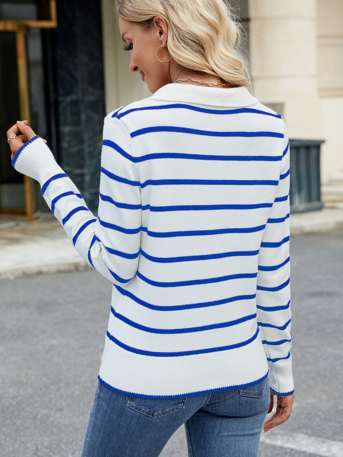 Outfit Flow - Striped Johnny Collar Long Sleeve Sweater