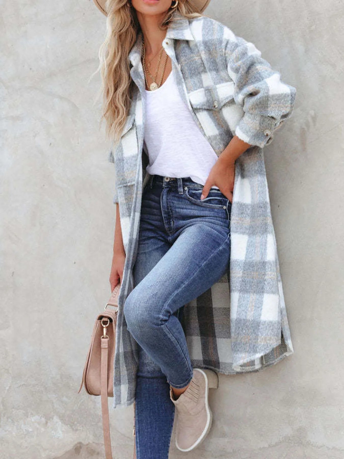 Oversized Plaid Button Up Longline Jacket OutfitFlow