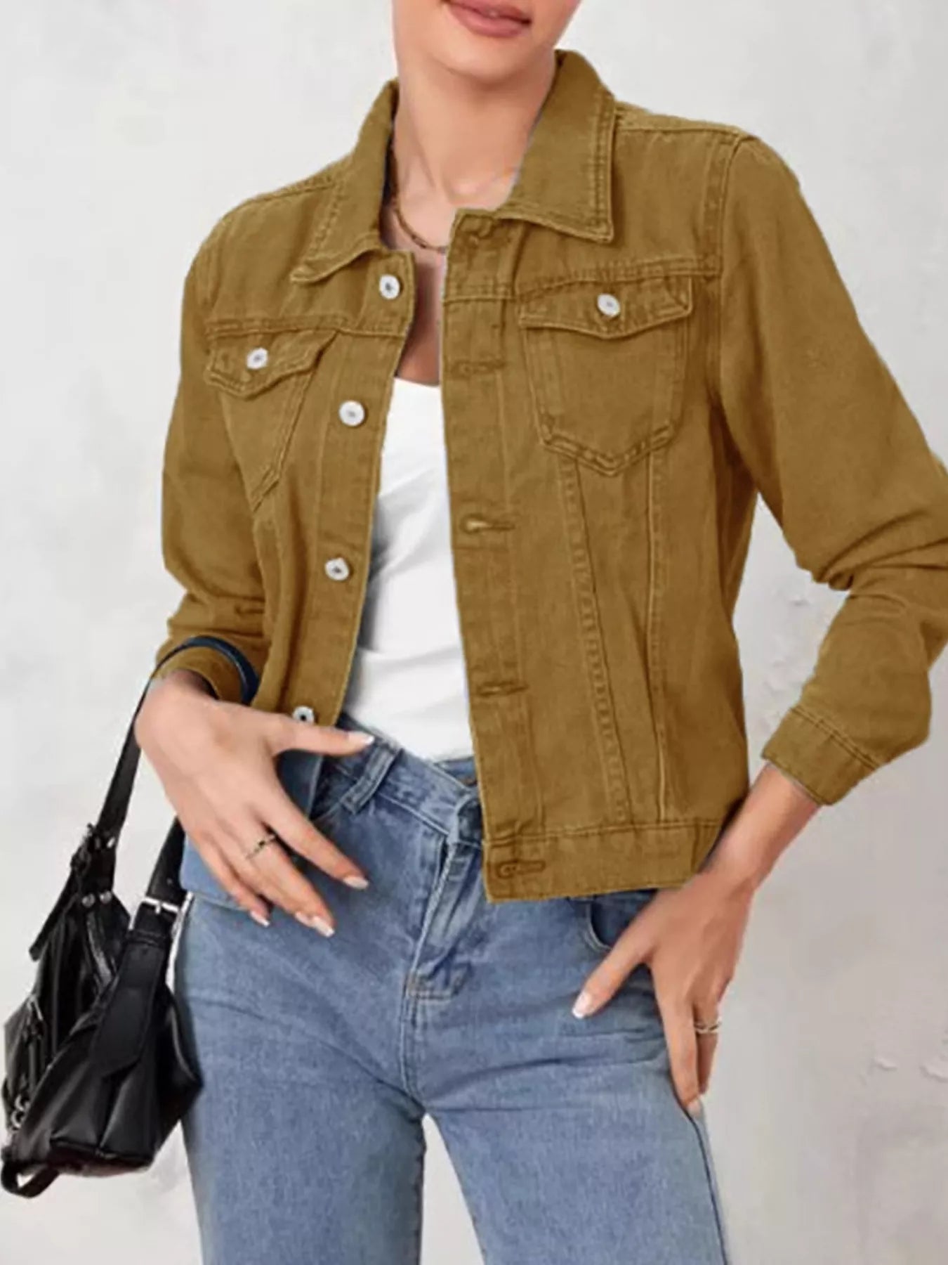 Button Up Long Sleeve Denim Jacket Camel OutfitFlow