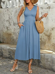 Perfee Ruched Decor Button Slit Sleeveless Midi Dress OutfitFlow