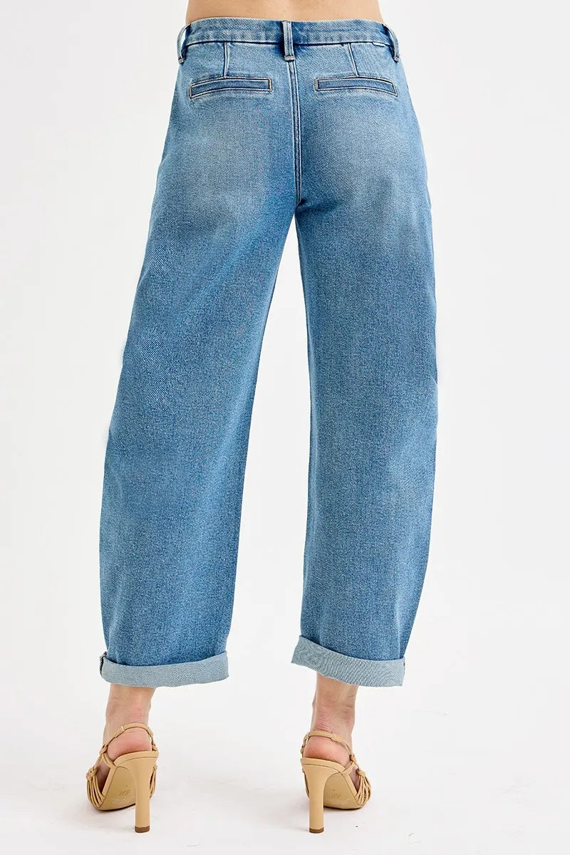 RISEN Full Size Mid Rise Fit Barrel Roll Up Jeans Plus Size OutfitFlow