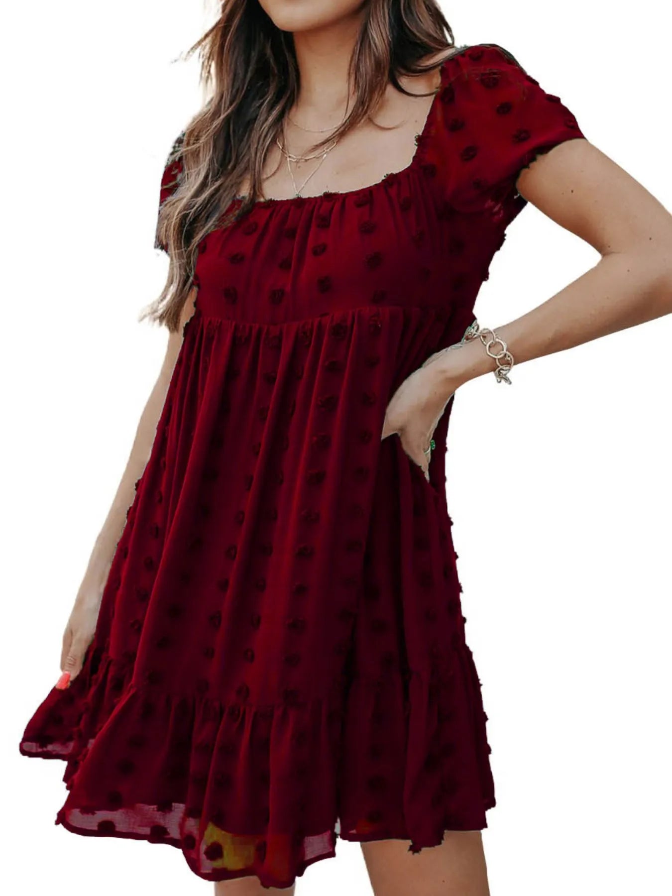 Swiss Dot Square Neck Mini Dress Wine Red OutfitFlow