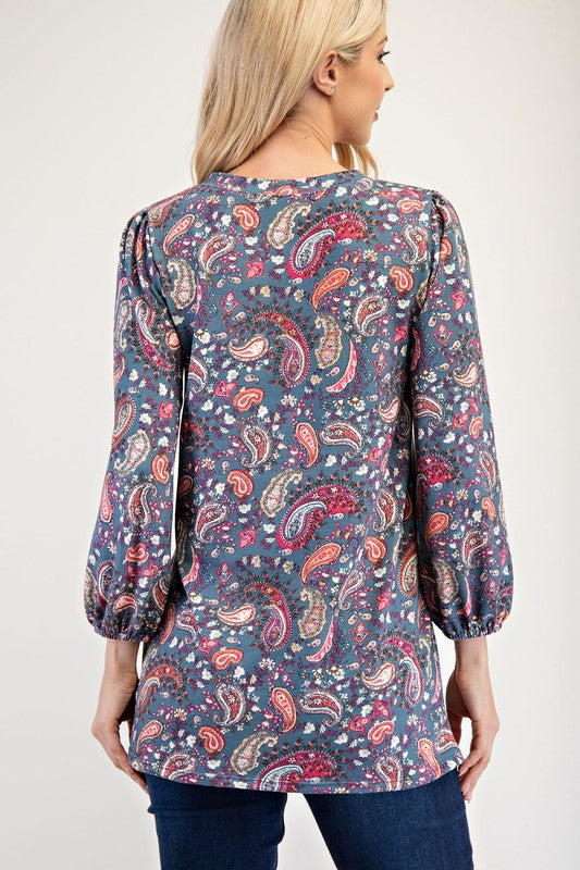 Celeste Full Size Paisley Round Neck Balloon Sleeve Top