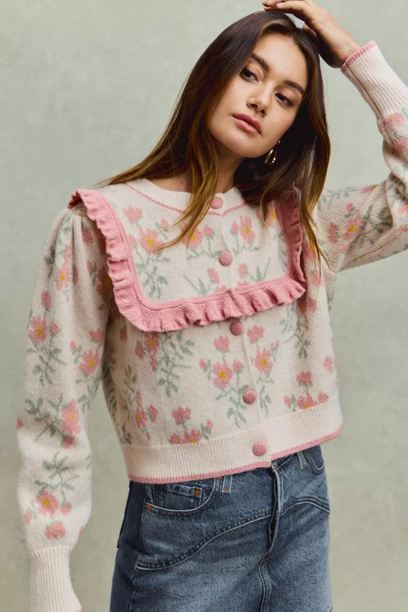SO ME Flower With Ruffle Detailing Sweater Cardigan OutfitFlow