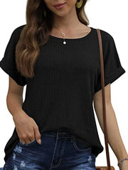 Full Size Waffle Knit Relaxed Fit T-Shirt Plus Size Black OutfitFlow
