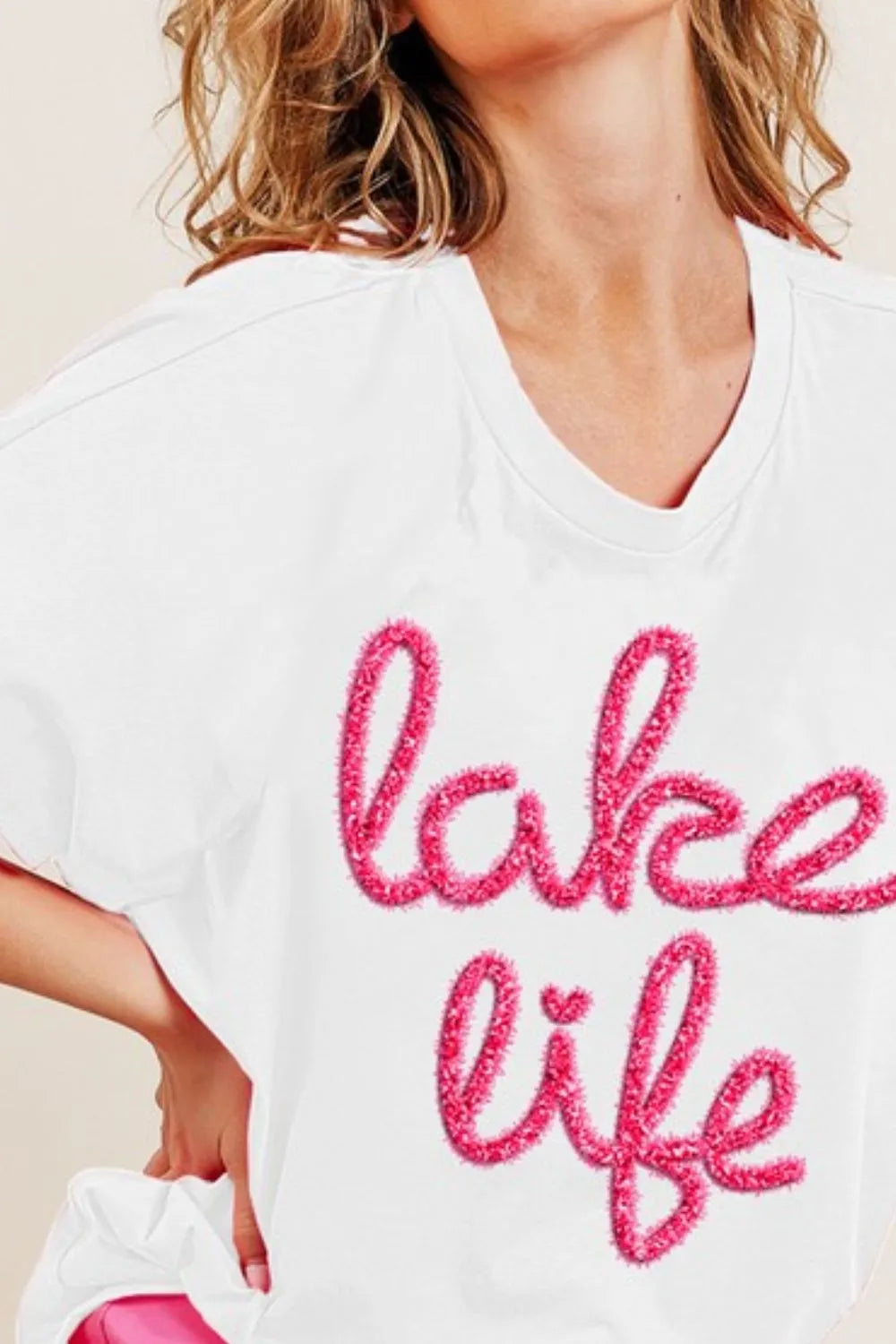 BiBi Metallic Letter Short Dolman Sleeve Top OutfitFlow