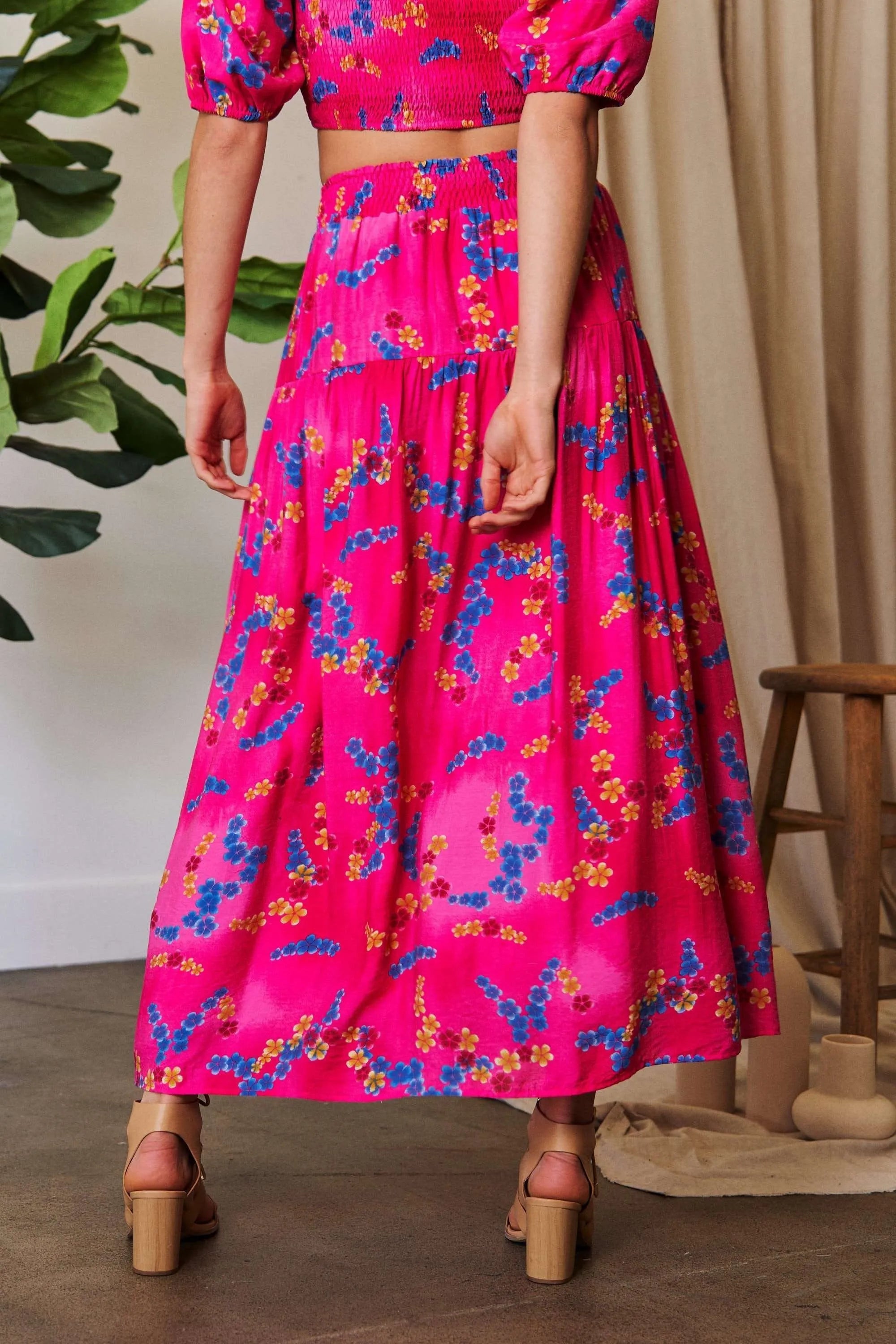 Davi & Dani Printed Smocking Waistband Ruffled Maxi Skirt OutfitFlow