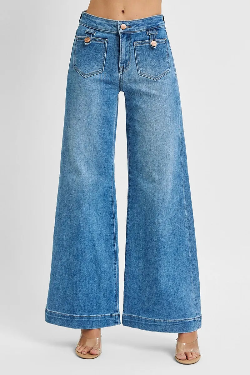 RISEN Full Size Mid Rise Wide Front Patch Pocket Jeans Plus Size OutfitFlow