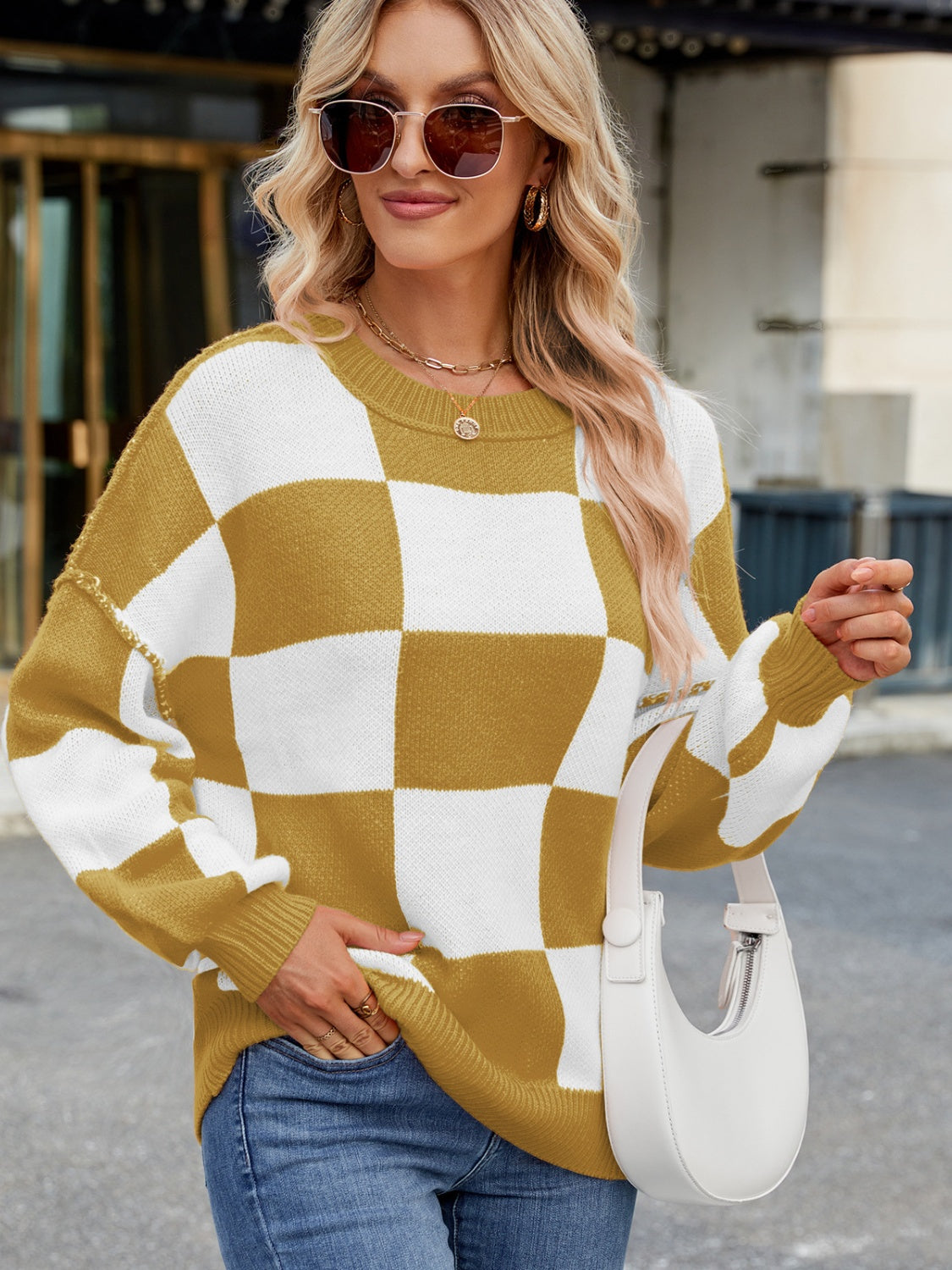 Outfit Flow - Checkered Round Neck Long Sleeve Sweater