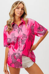 BiBi Leopard Print Short Sleeve Silky Satin Shirt Top OutfitFlow