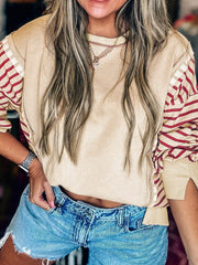 Stripe Sleeve Patchwork Casual Sweatshirt Beige Trendsi