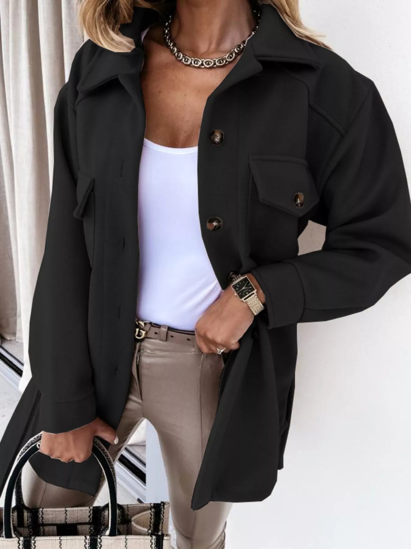 Button-Down Tie Waist Coat Black OutfitFlow