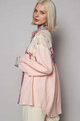 POL Lace Patchwork Floral Trim Long Sleeve Shirt OutfitFlow