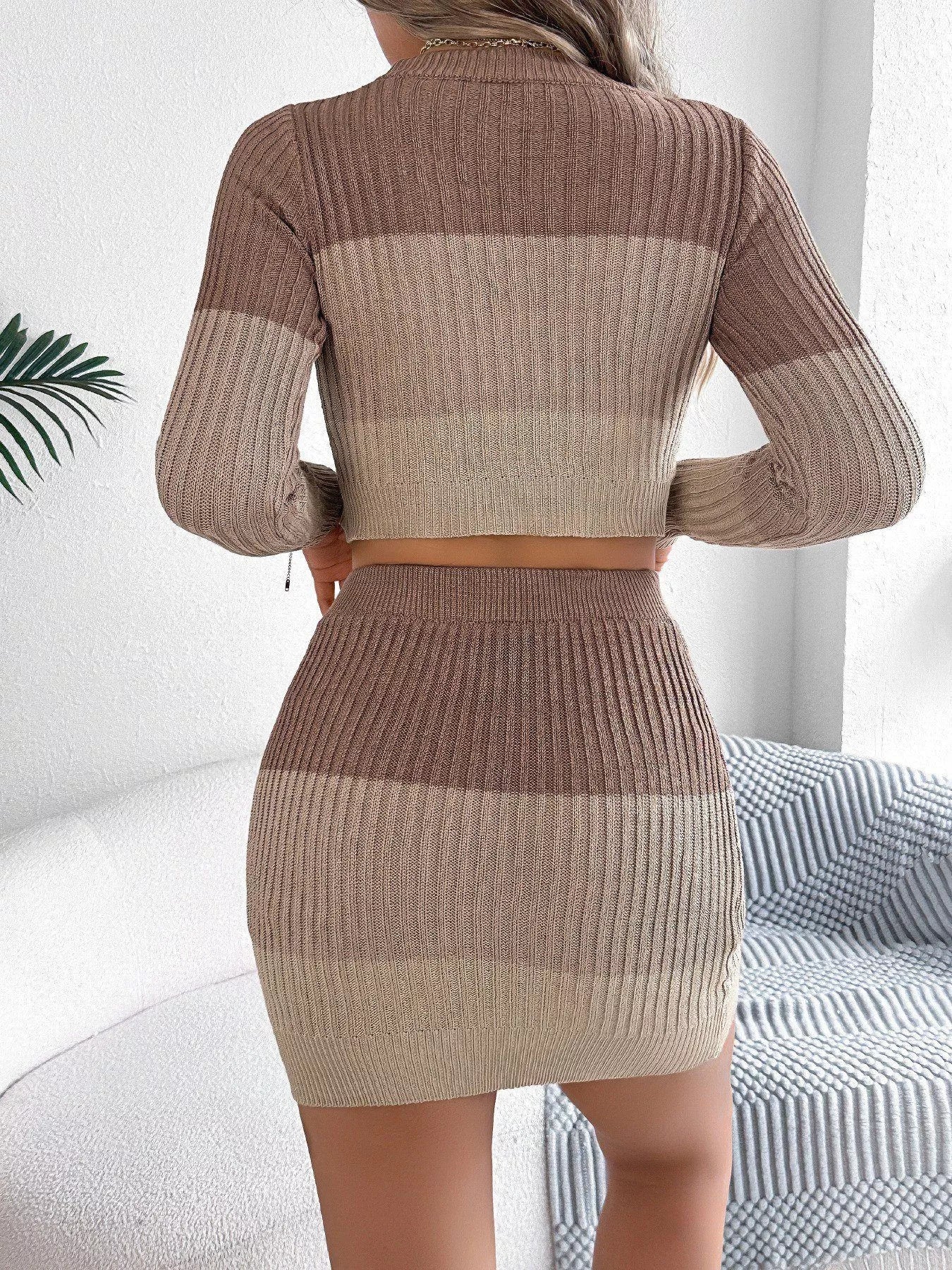 Color Block Ribbed Knit Top and Skirt Sweater Set OutfitFlow
