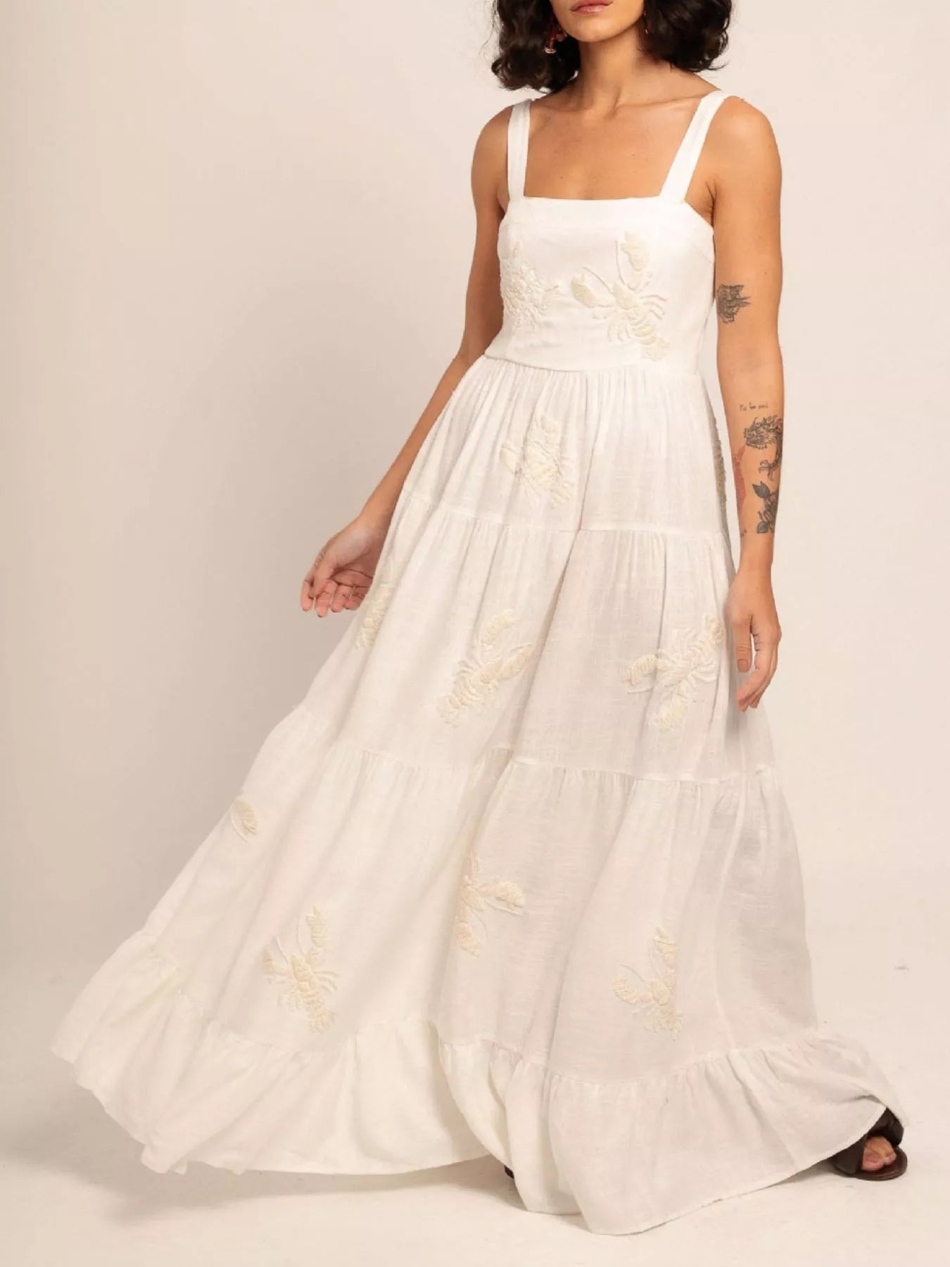 Embroidered Square Neck Tiered Maxi Cami Dress Cream OutfitFlow