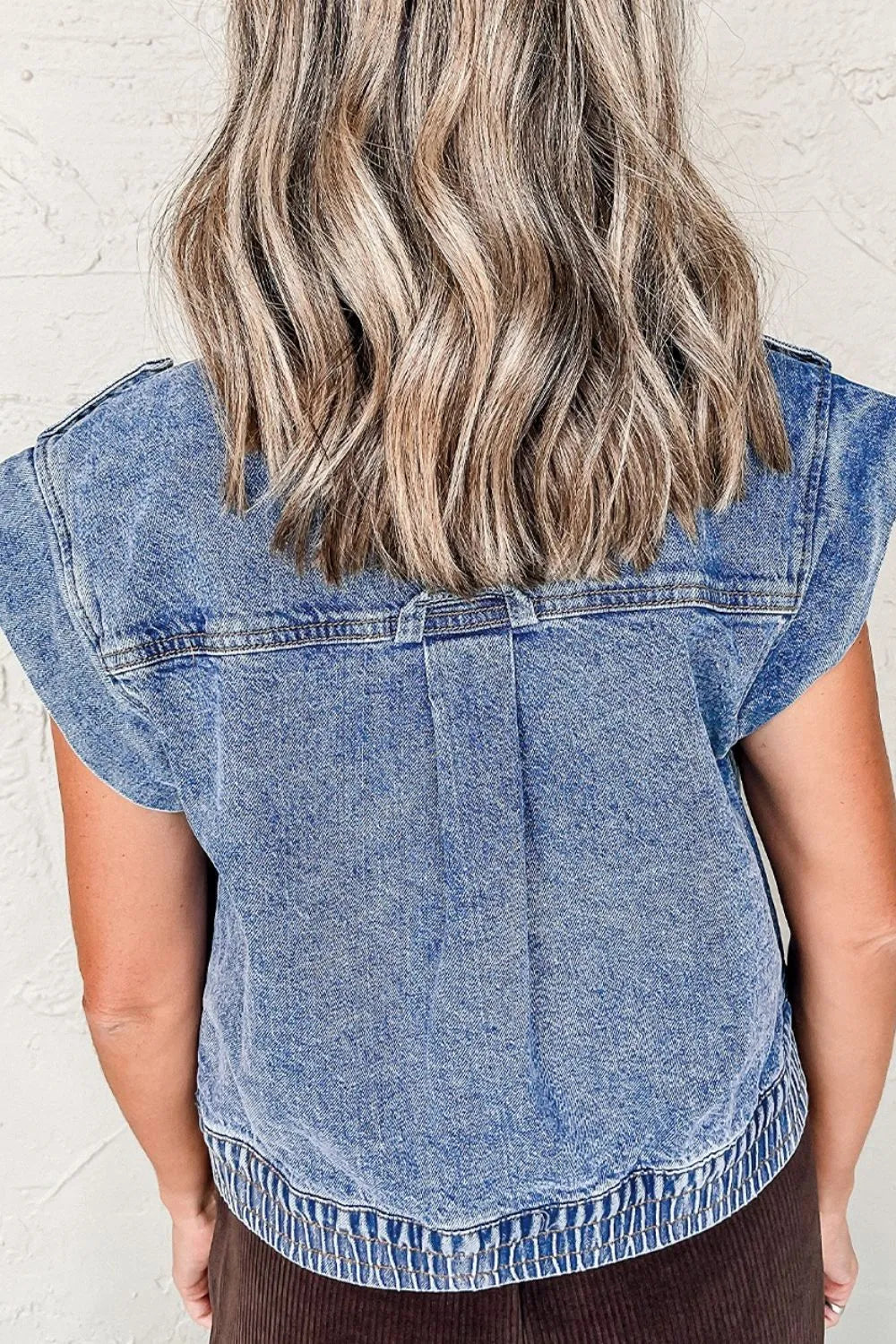 Button Up Cap Sleeve Denim Jacket OutfitFlow