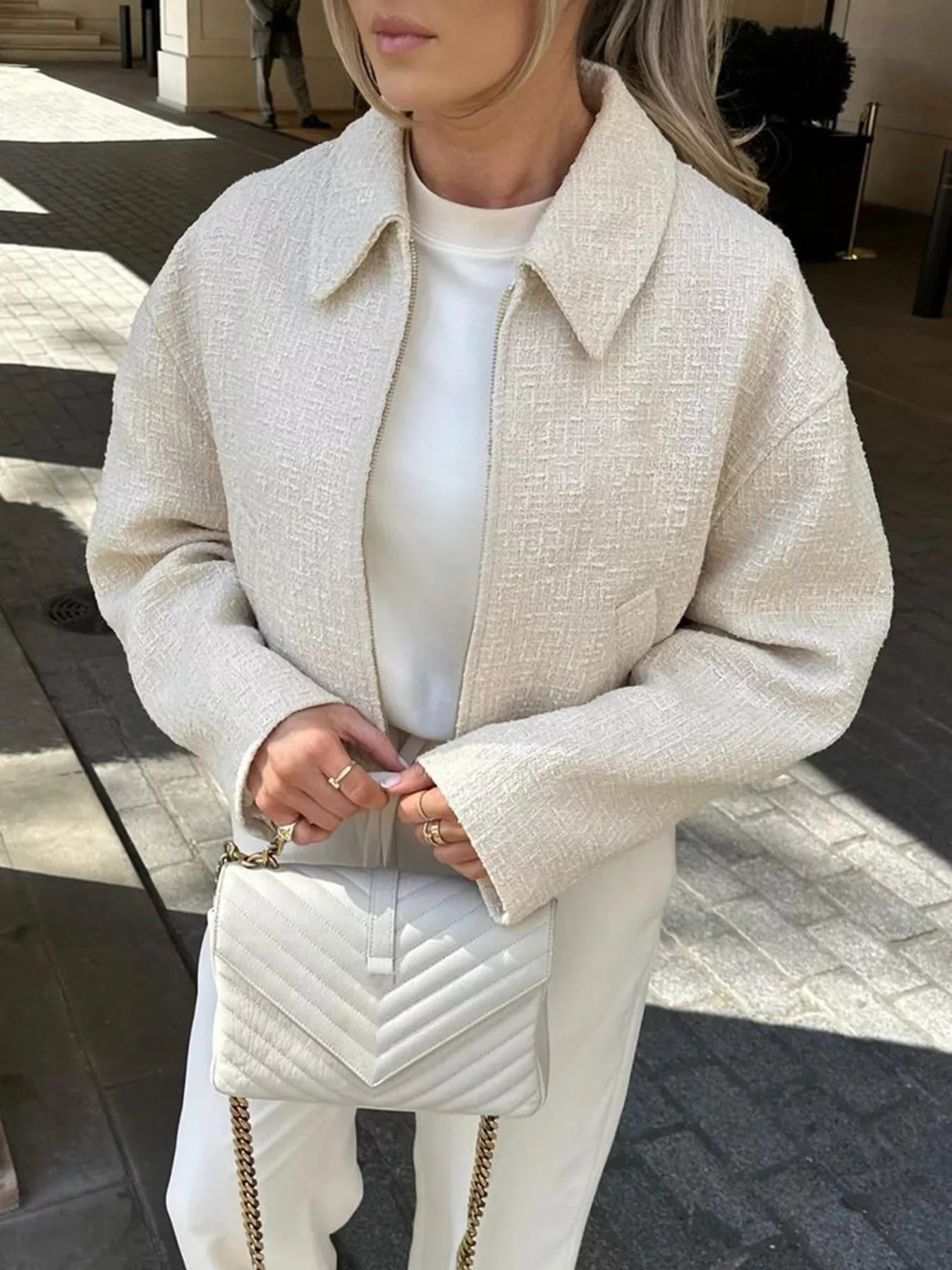 Zip Up Tweed Cropped Jacket Apricot OutfitFlow