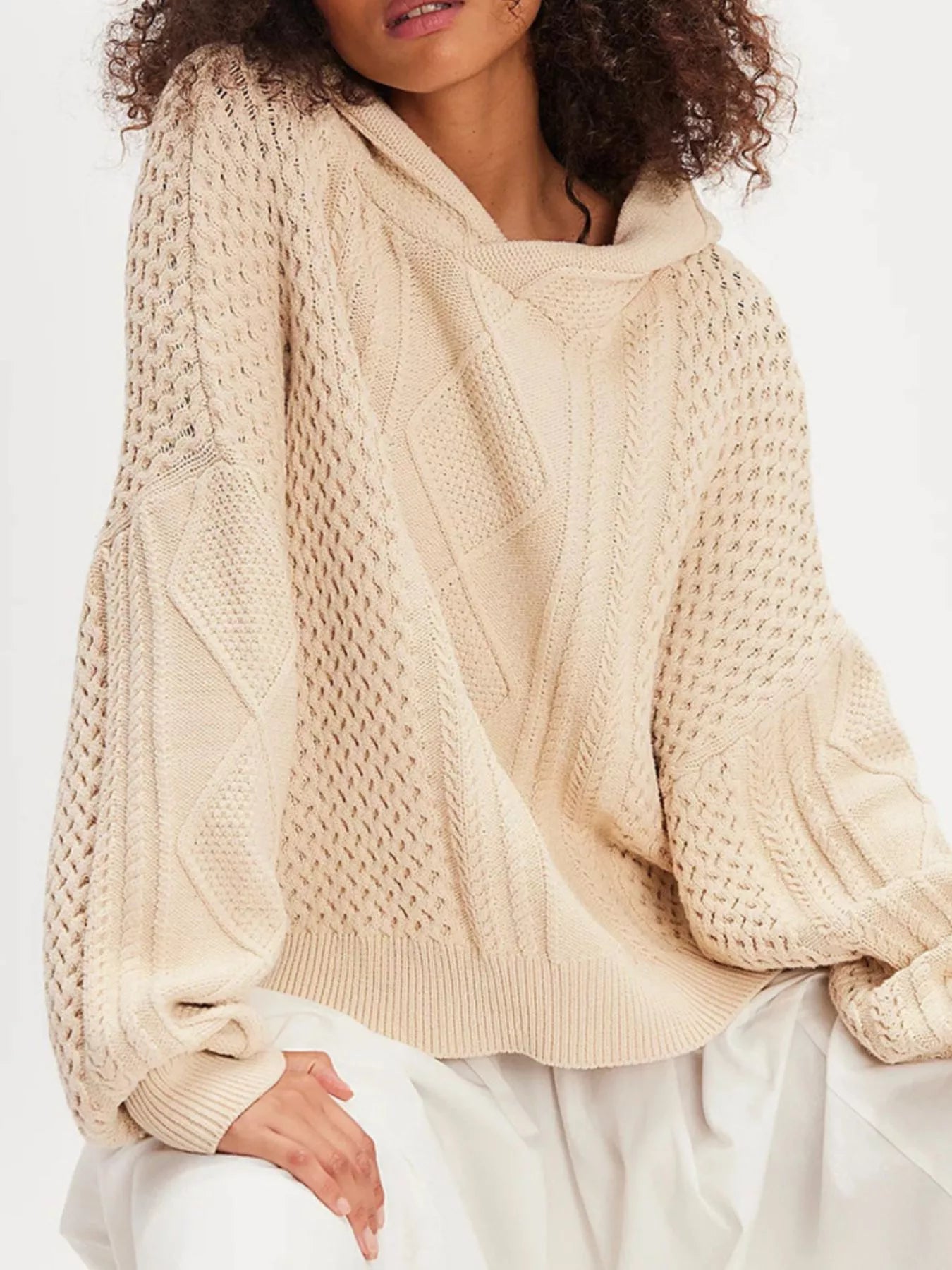 Texture Knit Long Sleeve Hooded Sweater OutfitFlow