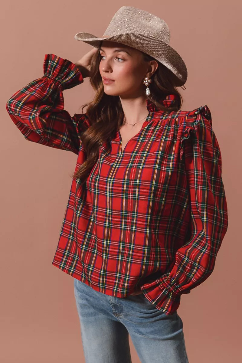 SO ME Christmas Checkered Plaid Smocked Blouse OutfitFlow