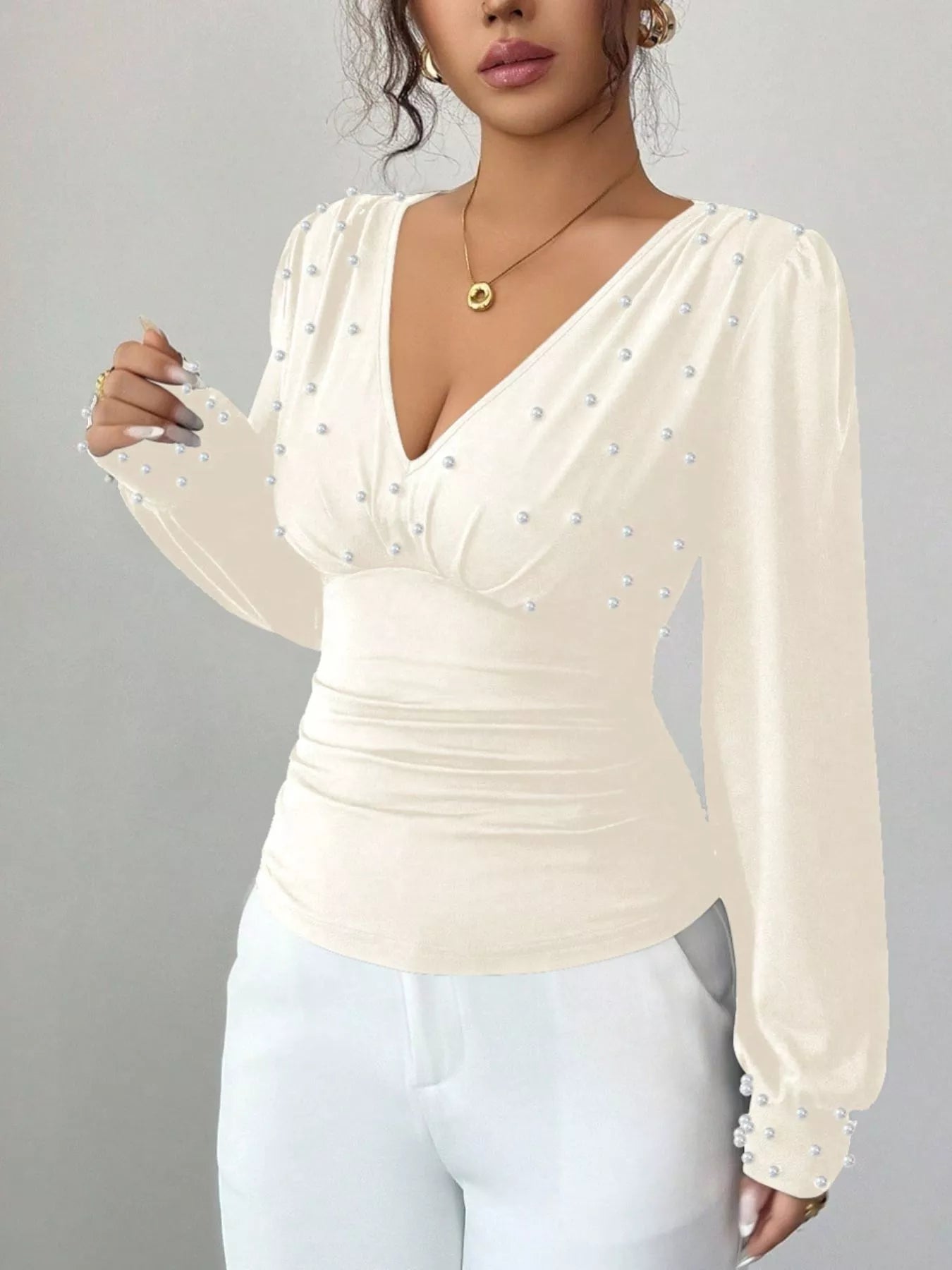Pearl Embellished V-Neck Blouse Beige OutfitFlow