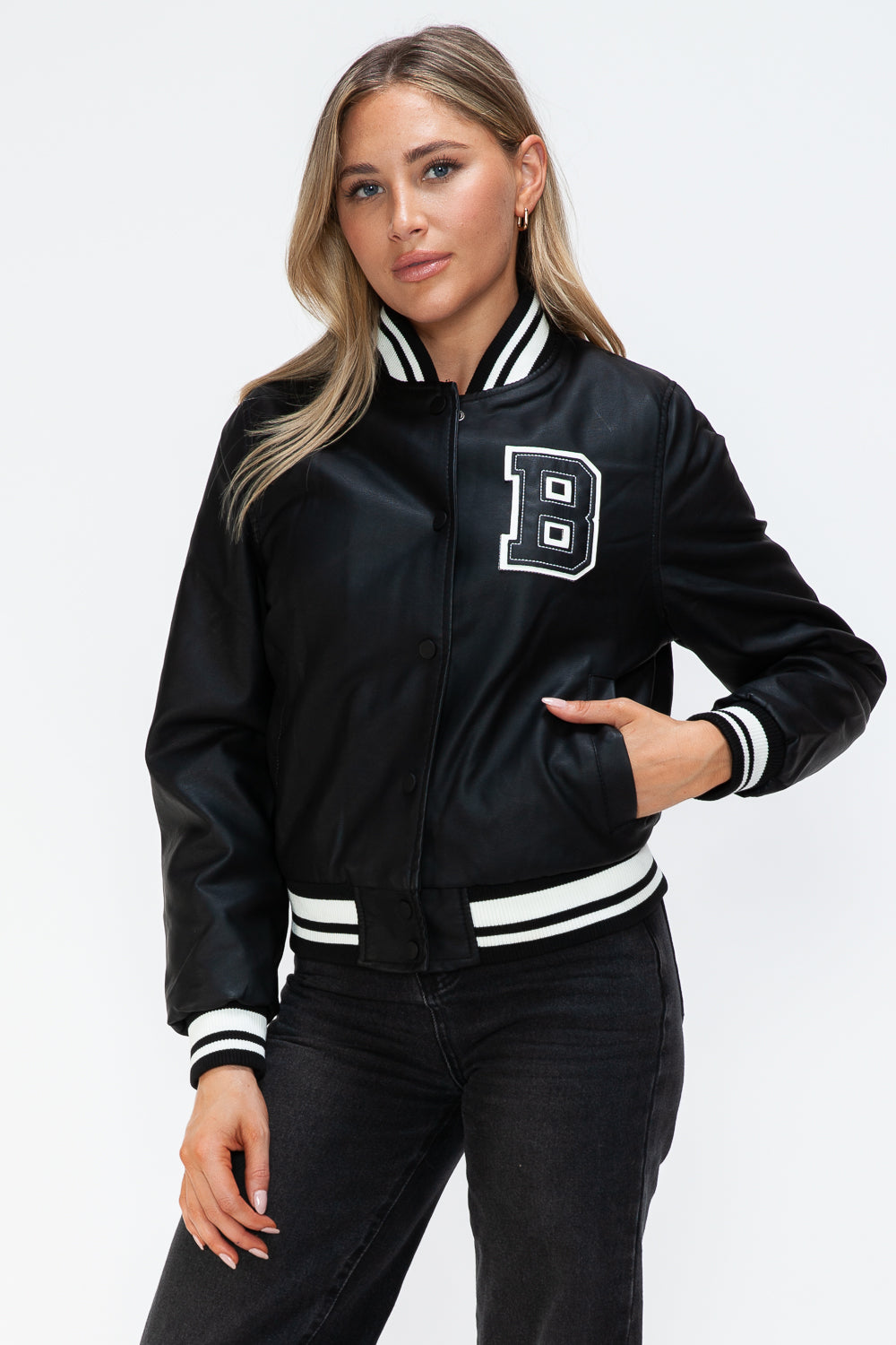 Outfit Flow - Love Me Now PU Leather Contrast Snap Down Bomber Jacket