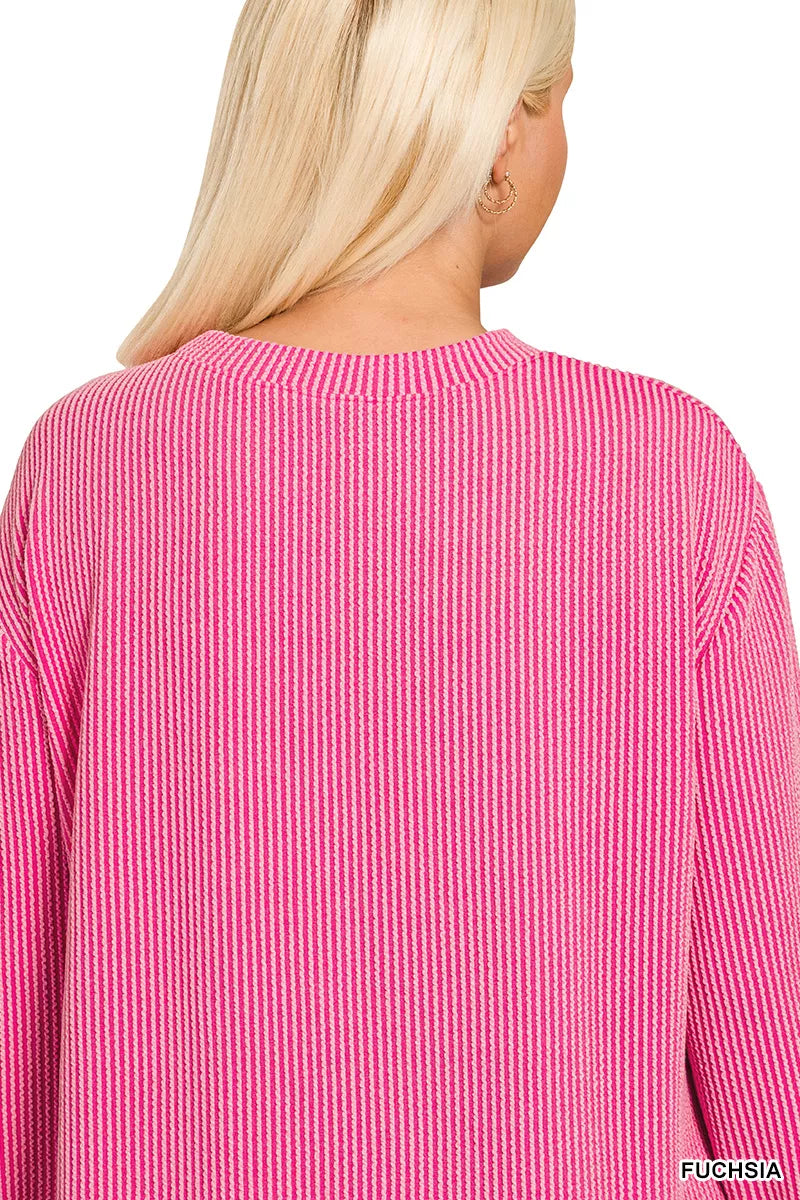 Zenana Full Size Raised Rib Round Neck Long Sleeve Top Plus Size OutfitFlow