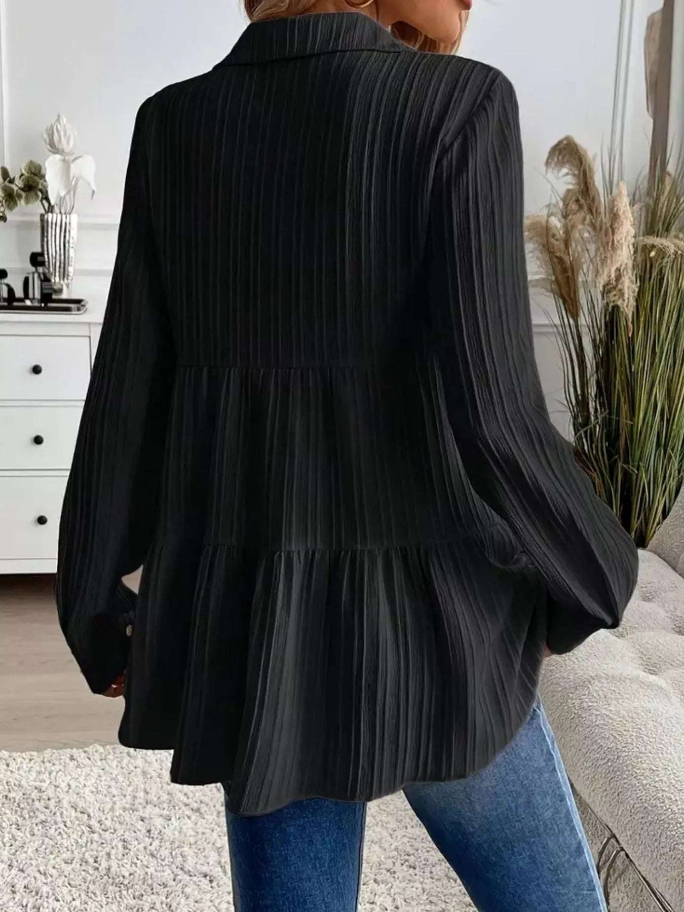 Button-Down Long Sleeve Tiered Shirt OutfitFlow