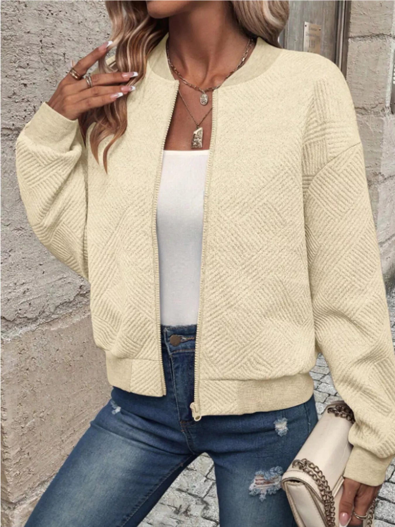 Textured Knit Zip-Up Bomber Jacket Light Yellow OutfitFlow