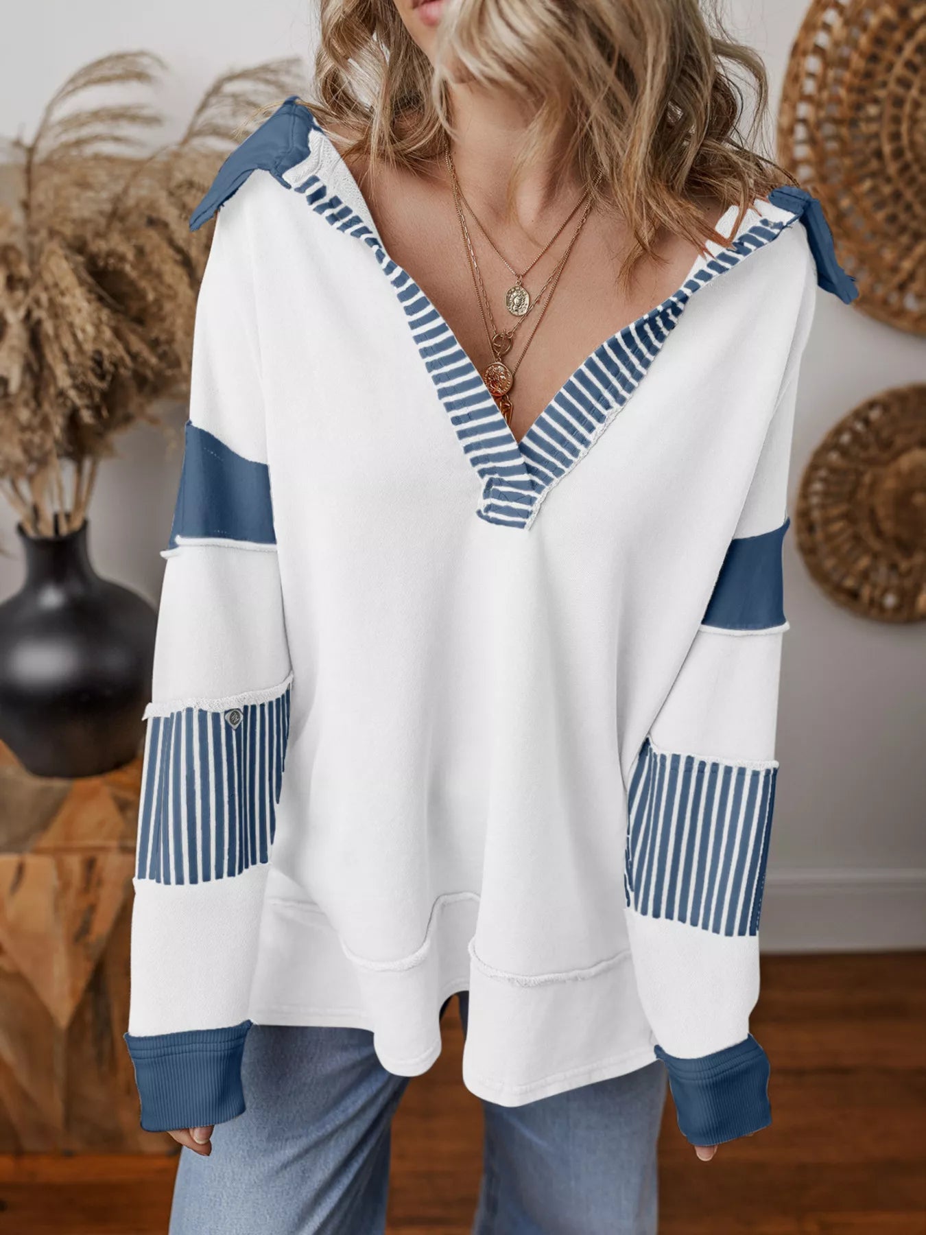 Striped Color Block Long Sleeve Sweatshirt White OutfitFlow